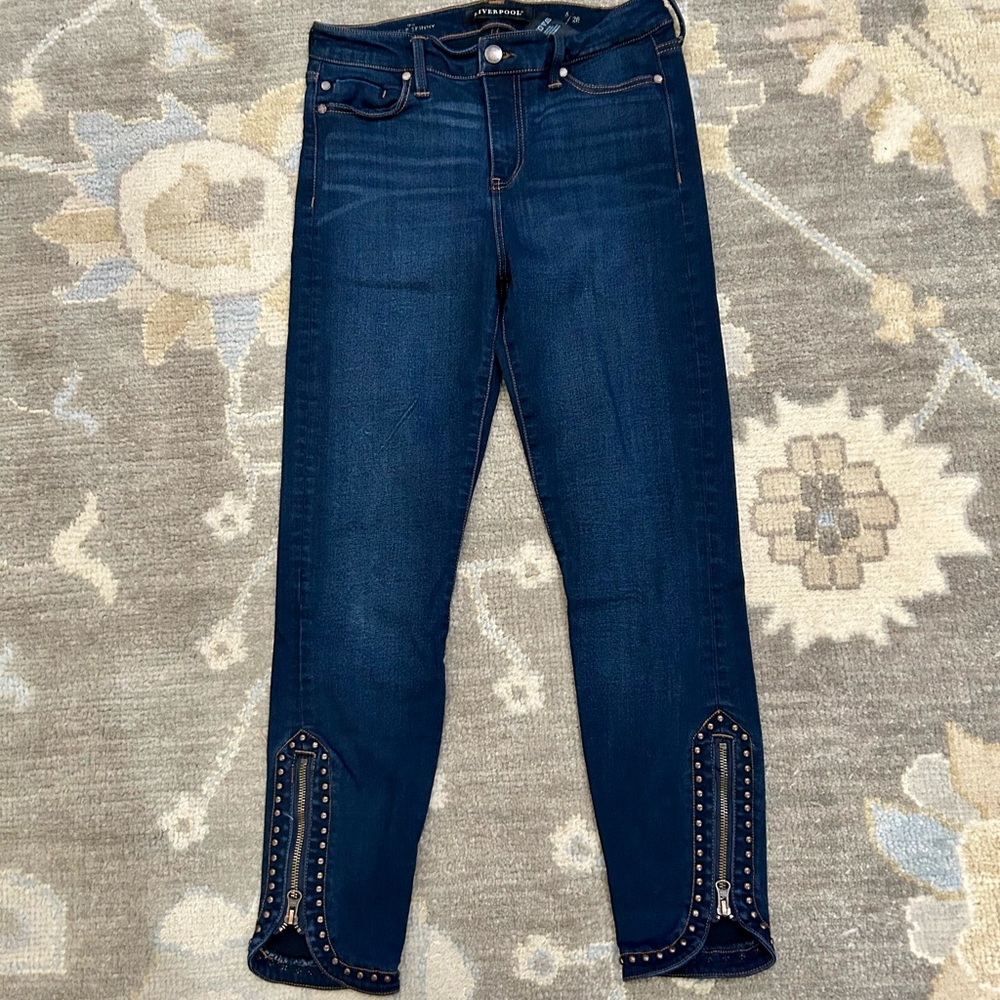 Liverpool ankle skinny dark Jeans w/Embellished Hem zippered and studs on hem